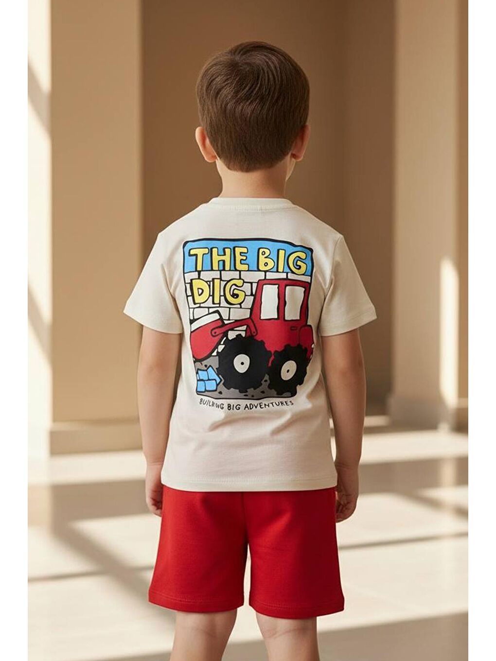 Kırmızı Erkek Çocuk Pamuklu Traktor Baskılı T-Shirt Ve Şort 2'Li Takım-1