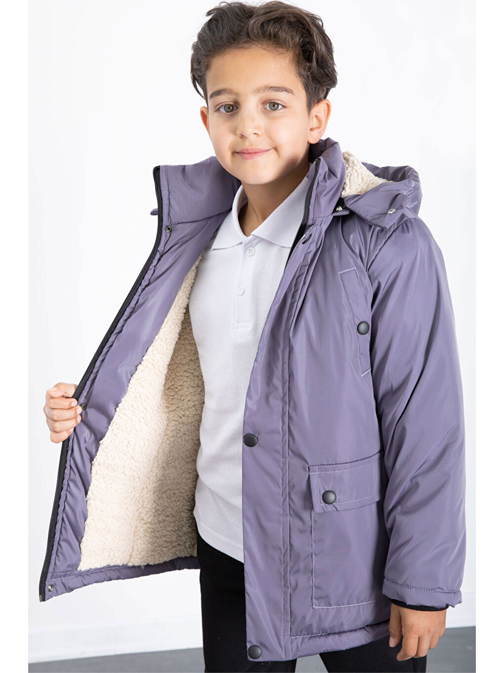 Antrasit İçi Kürklü Çıkarılabilir Kapüşonlu Basic Erkek Çocuk Şişme Mont 21443-2