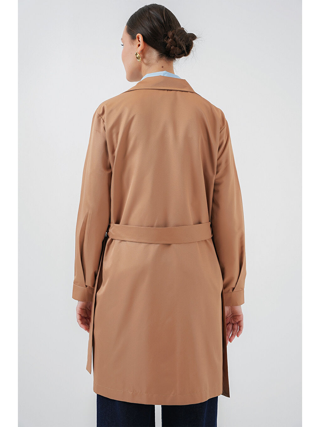 Kahverengi 5864 Kruvaze Yaka Kısa Trençkot - Taba-7