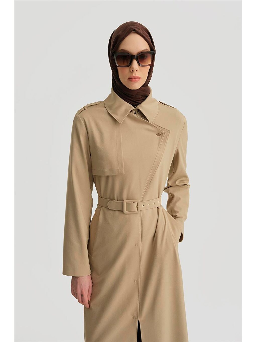 Sarı Çift Yakalı Beli Kemerli Pardesü 25Y8207 Taş-2