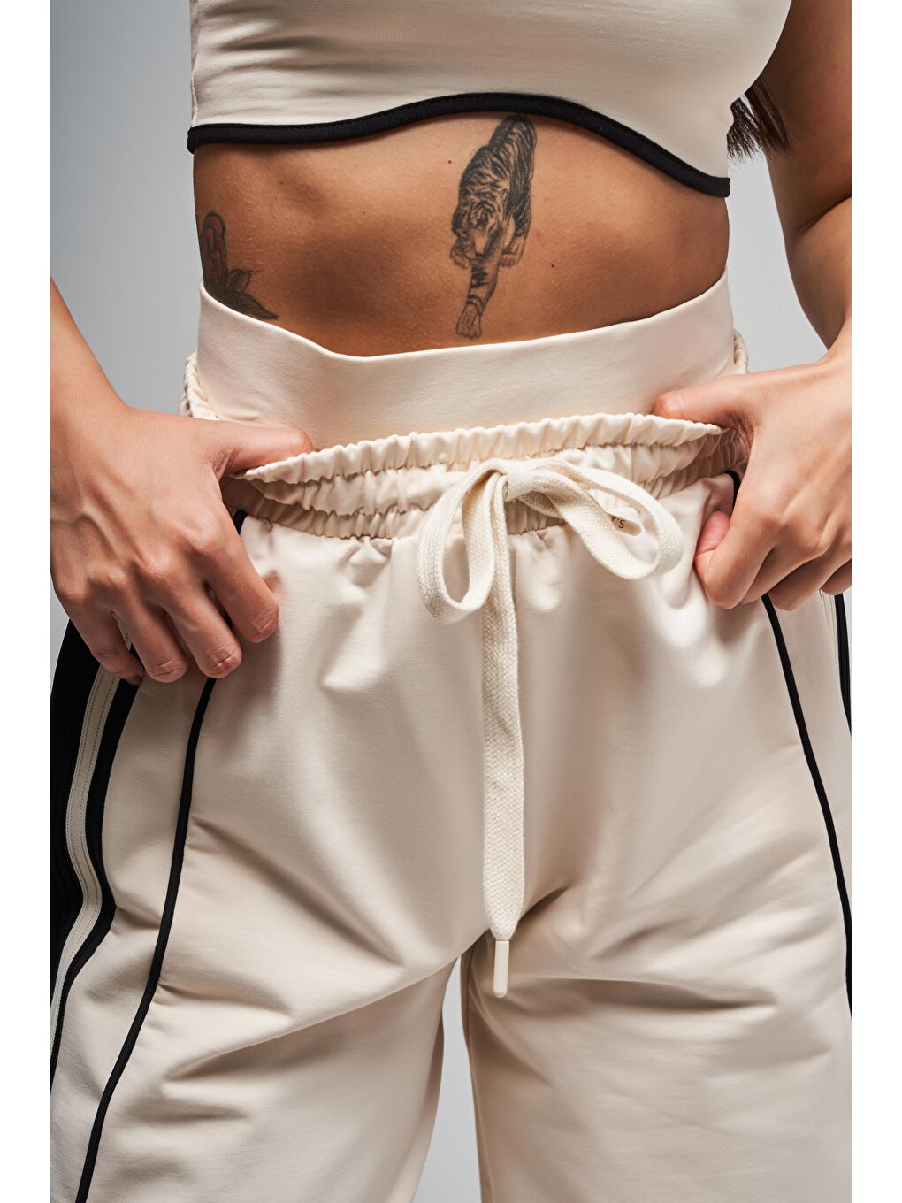 Kadın Bej Renk S5-105 Örme Kumaş Palazzo Eşofman Sporcu Üstü 2'li Takım Kombin-1