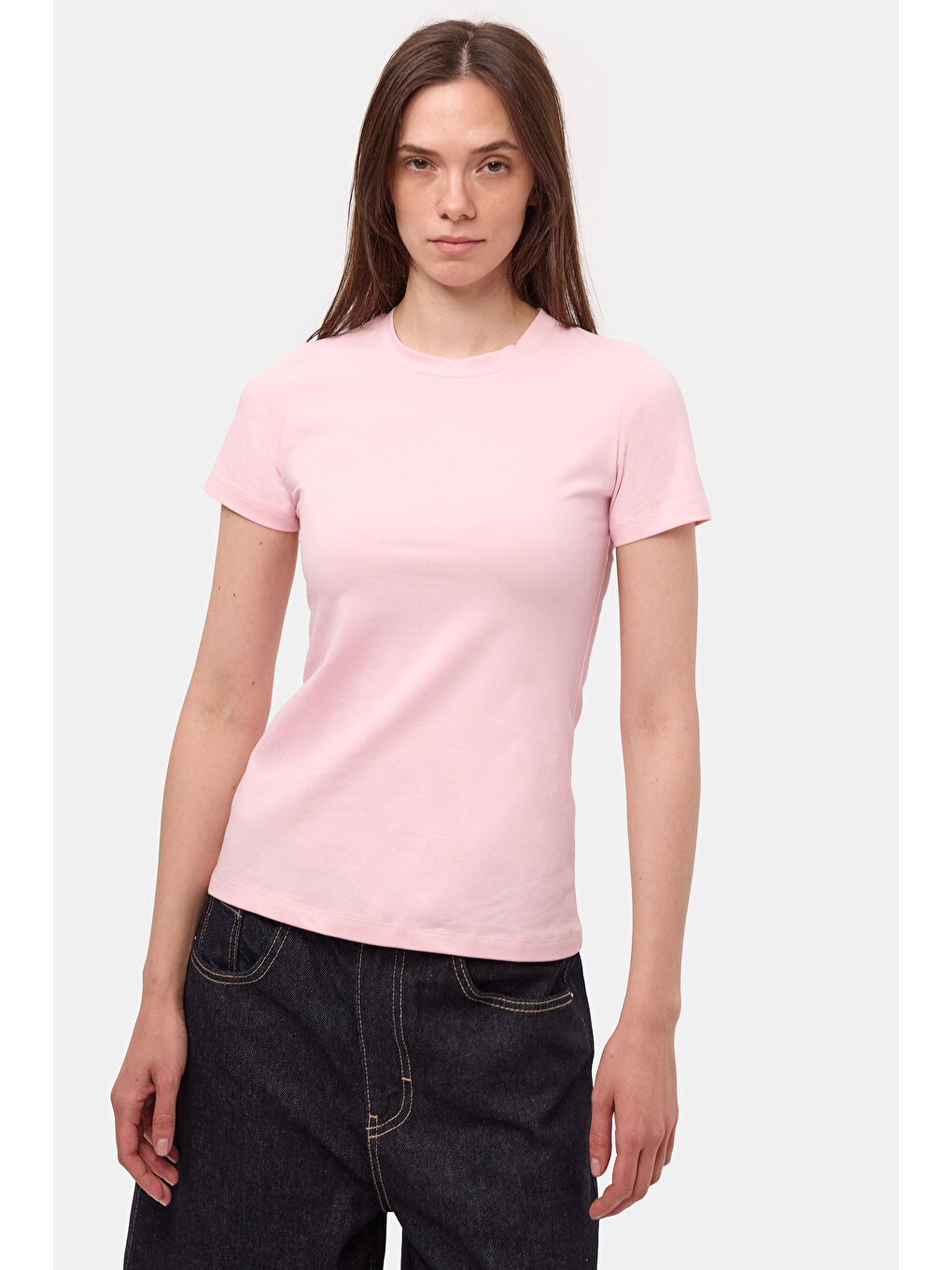Kadın Light Pembe s6-98 Bisiklet Yaka %100 Organik Pamuk Esnek Kumaş T-Shirt-2