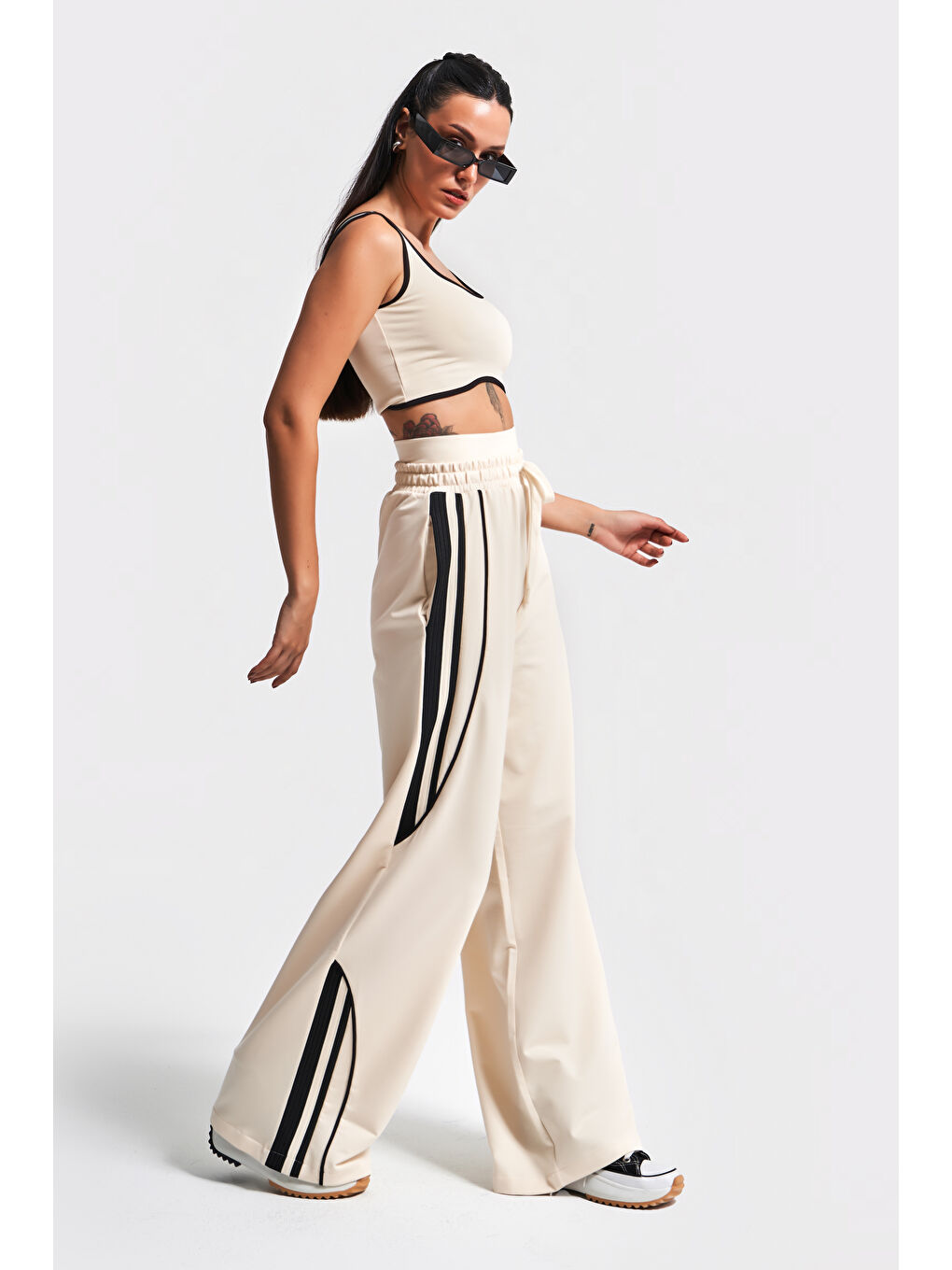 Kadın Bej Renk S5-105 Örme Kumaş Palazzo Eşofman Sporcu Üstü 2'li Takım Kombin-2