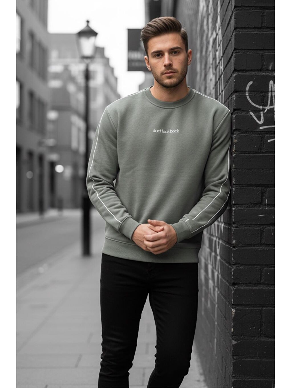 Yeşil Dont Look Slim Fit Üç İplik Şardonlu Bisiklet Yaka Erkek Sweatshirt-1