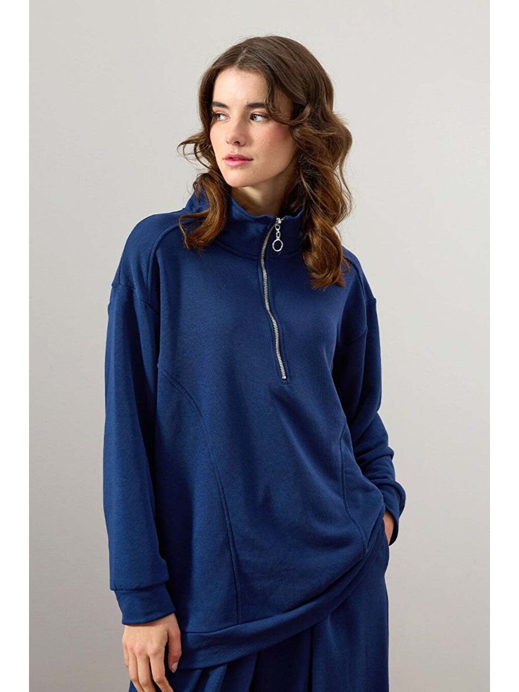 İndigo 3 İplik Yarım Fermuarlı Sweat-2