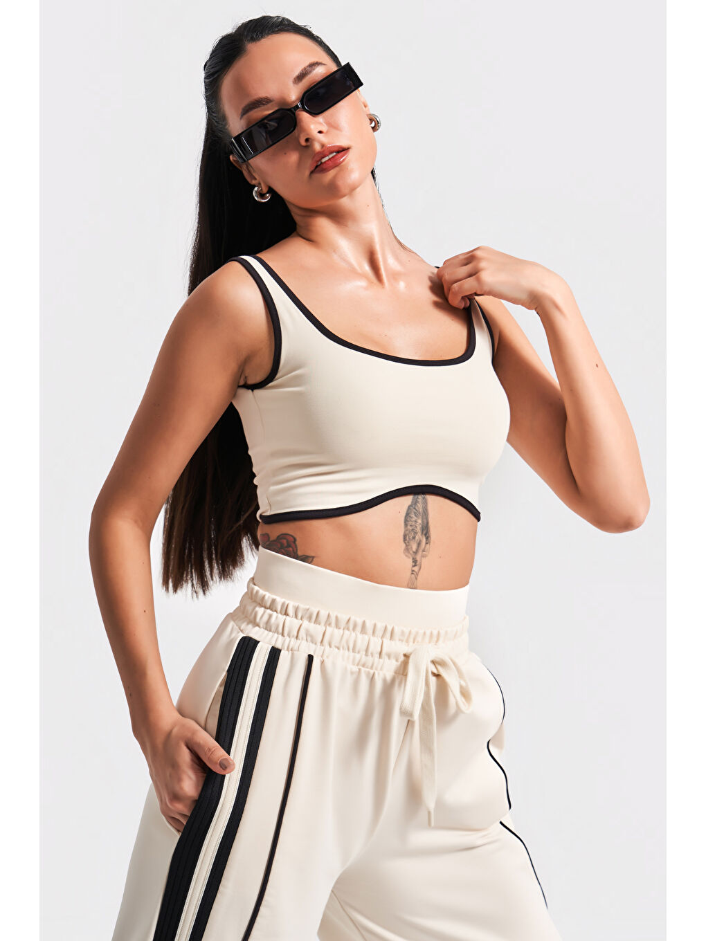 Kadın Bej Renk S5-105 Örme Kumaş Palazzo Eşofman Sporcu Üstü 2'li Takım Kombin-3