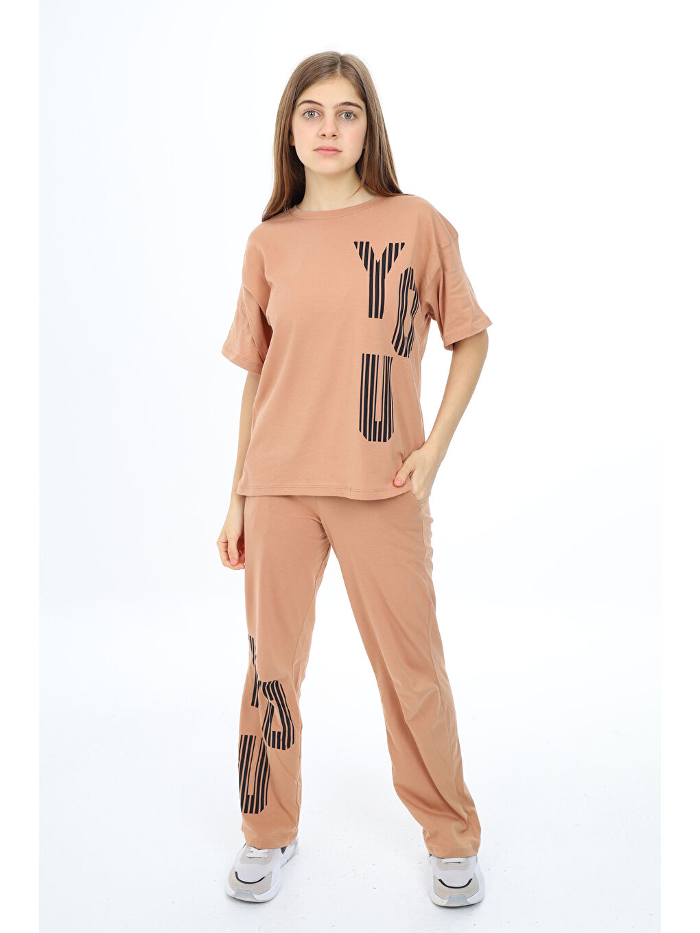 Bej Kız Çocuk Yaka ve Paça Baskılı Alt-Üst 2'li Takım 12143-2