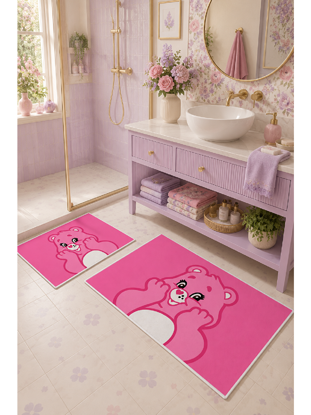 Açık Pembe Sevimli Ayı Desenli Kaymaz Taban Banyo Paspası 2’li Set-4