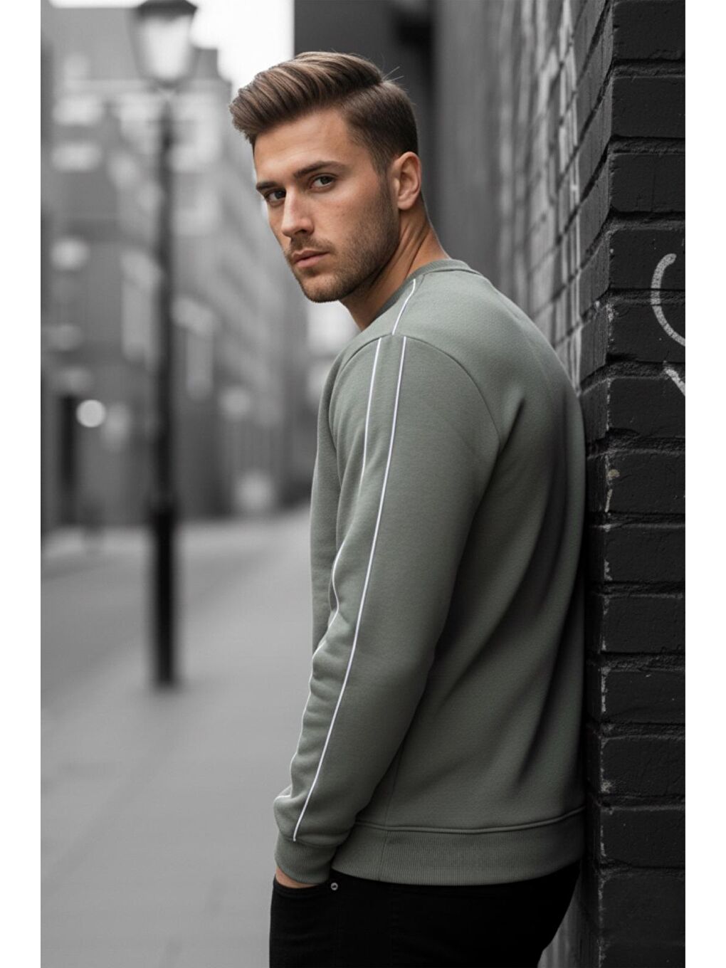 Yeşil Dont Look Slim Fit Üç İplik Şardonlu Bisiklet Yaka Erkek Sweatshirt-2