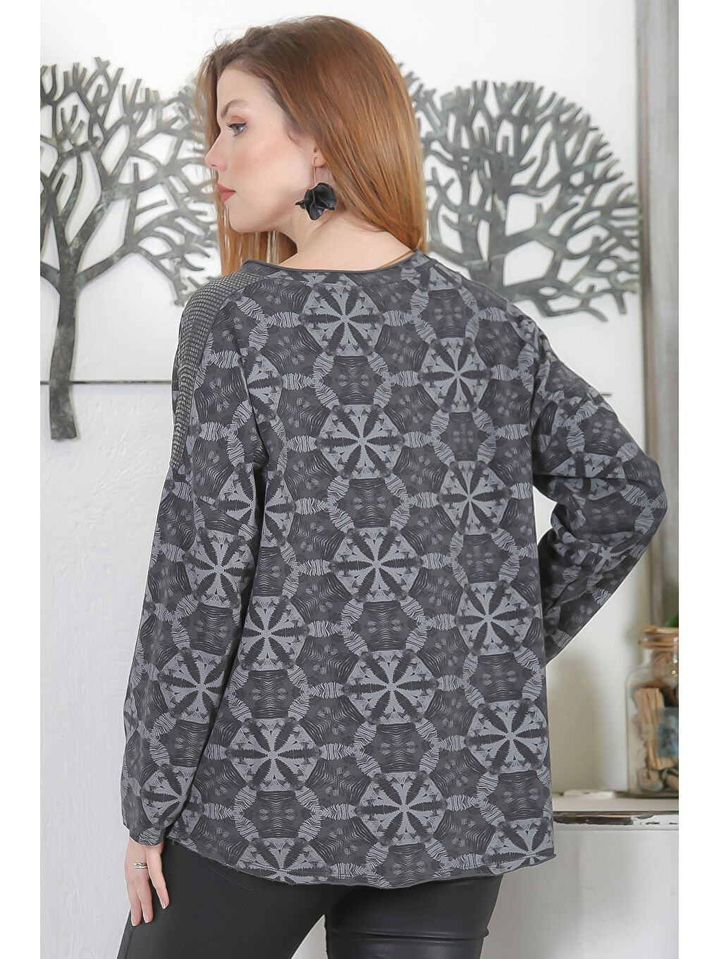 İtalyan Antrasit Yuvarlak Yaka Uzun Kol Pul Payetli Baskılı 2 İplik Şardonsuz Casual Örme Bluz-7