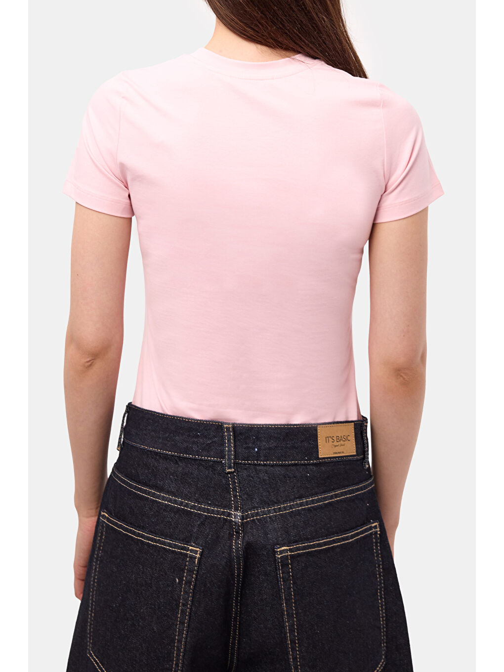Kadın Light Pembe s6-98 Bisiklet Yaka %100 Organik Pamuk Esnek Kumaş T-Shirt-3