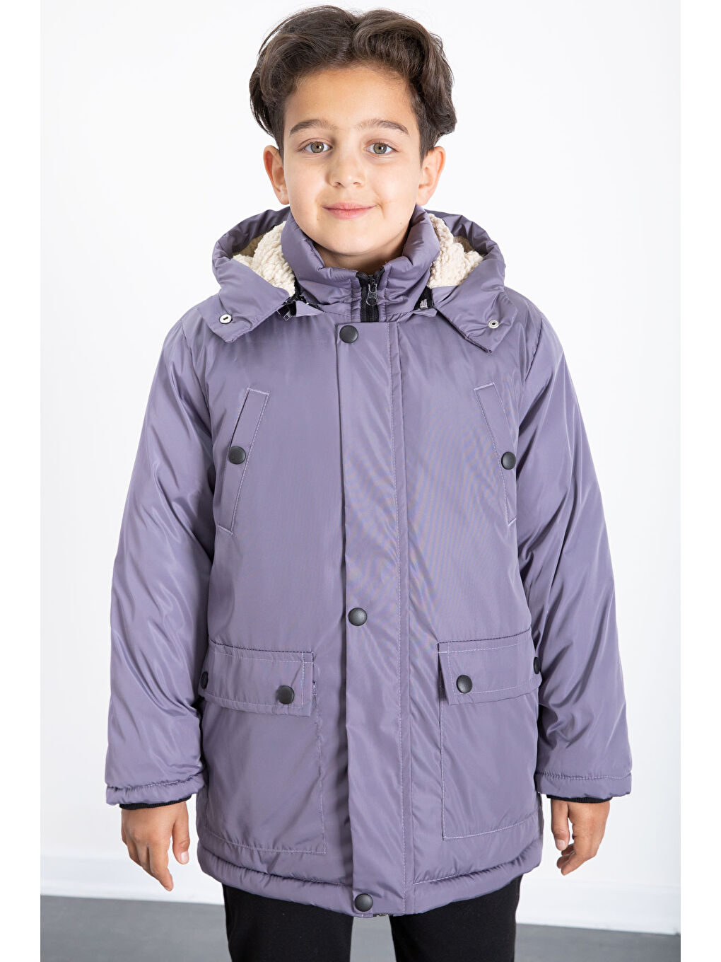 Antrasit İçi Kürklü Çıkarılabilir Kapüşonlu Basic Erkek Çocuk Şişme Mont 21443-4