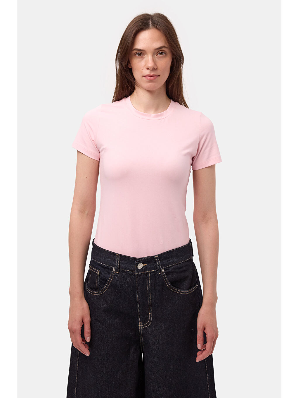Kadın Light Pembe s6-98 Bisiklet Yaka %100 Organik Pamuk Esnek Kumaş T-Shirt-4