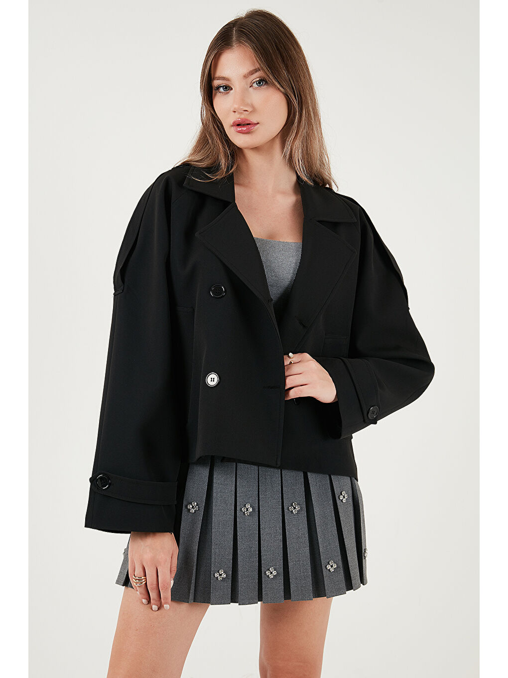 Siyah Regular Fit Kruvaze Yaka Düğmeli Astarlı Kadın Ceket Mont 6524955-2