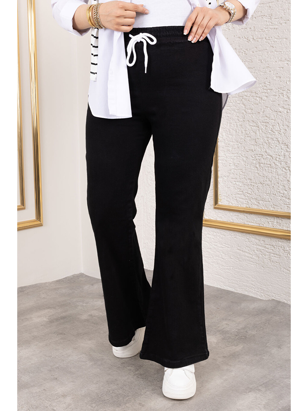 Beli İpli İspanyol Paça Jean Pantolon TSD250107 Siyah-2