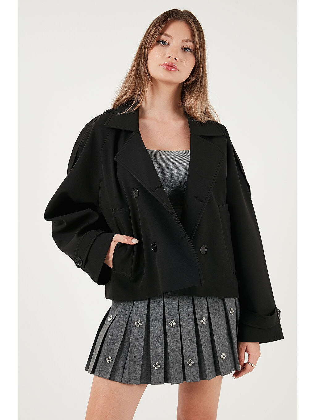 Siyah Regular Fit Kruvaze Yaka Düğmeli Astarlı Kadın Ceket Mont 6524955-3