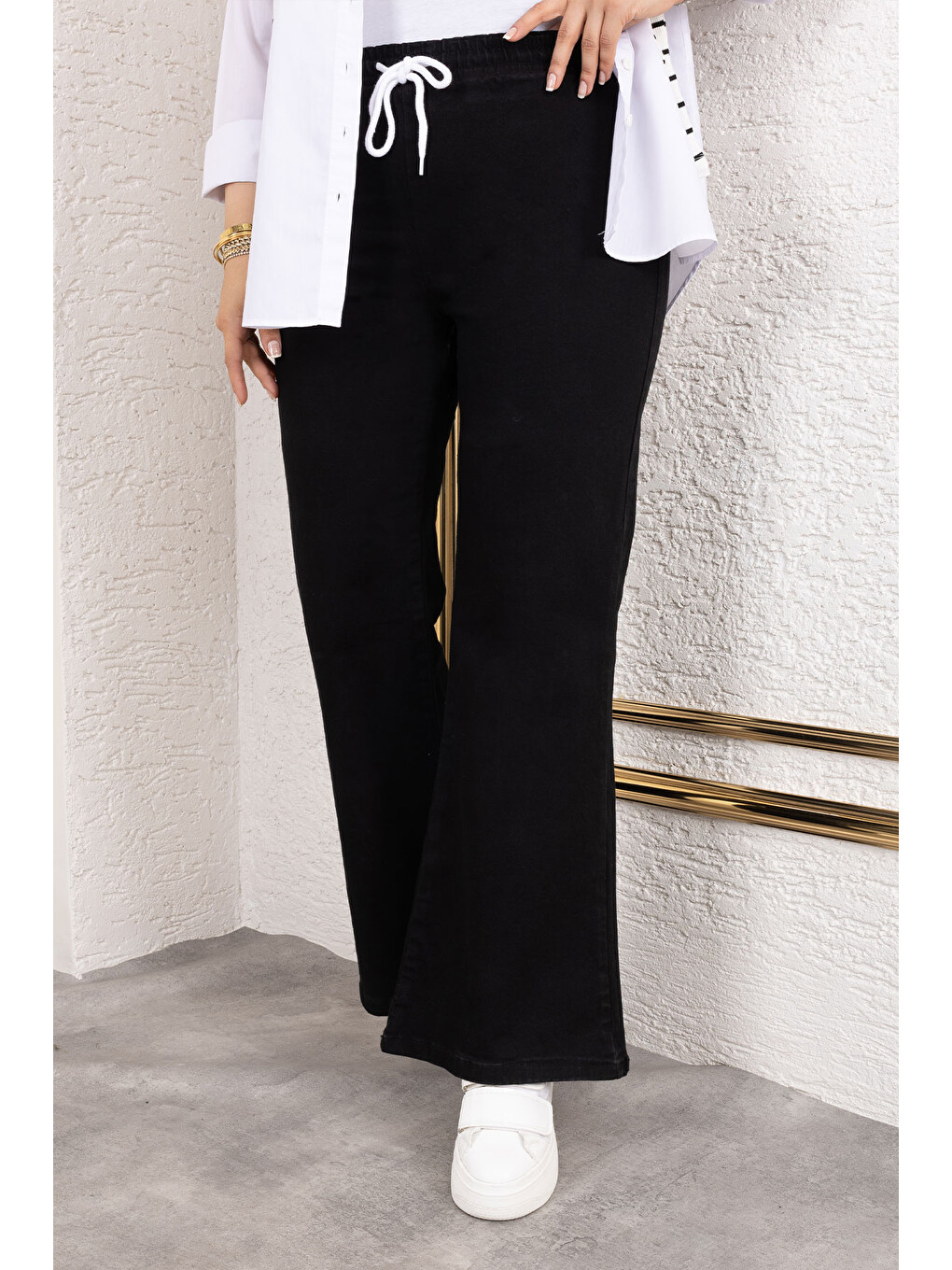 Beli İpli İspanyol Paça Jean Pantolon TSD250107 Siyah-3