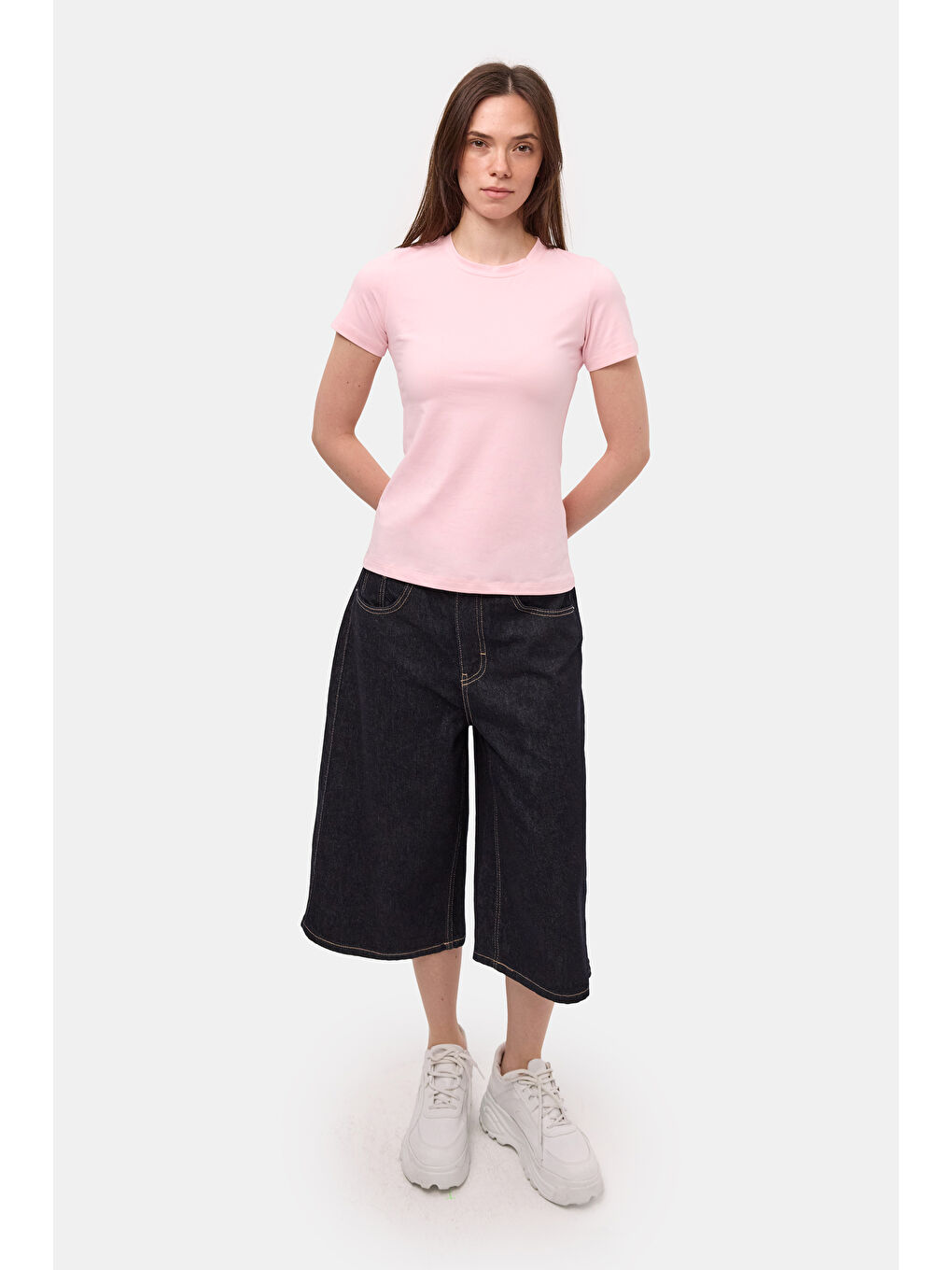 Kadın Light Pembe s6-98 Bisiklet Yaka %100 Organik Pamuk Esnek Kumaş T-Shirt-5