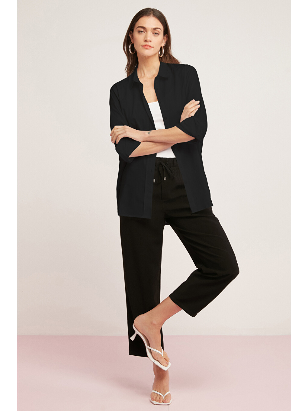 Georgıa Kadın 100% Pamuk Poplin Oversize Fit Siyah Gömlek-1