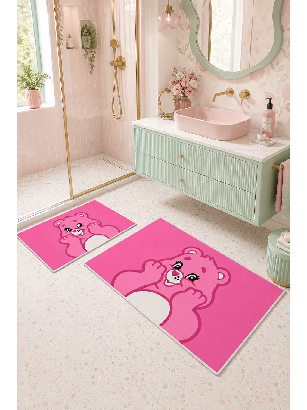 Açık Pembe Sevimli Ayı Desenli Kaymaz Taban Banyo Paspası 2’li Set-5