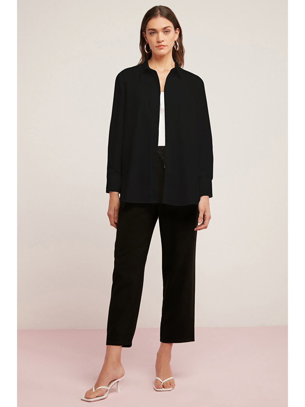 Georgıa Kadın 100% Pamuk Poplin Oversize Fit Siyah Gömlek-2