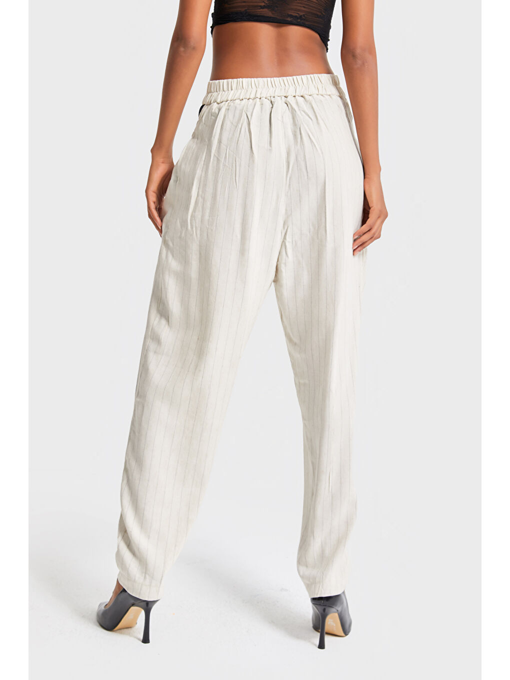 Kadın Bej Çizgili Renk Bol Kesim Özel Tasarım Binici Pantolon-3