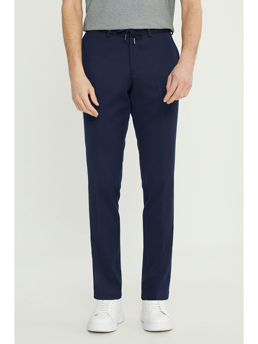 Erkek Lacivert Slim Fit Dar Kesim Beli Bağlamalı Yan Cepli Casual Pantolon-4