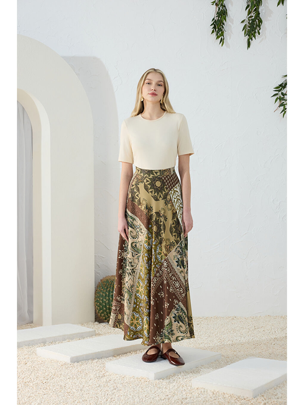 Haki Desenli Kloş Etek-1
