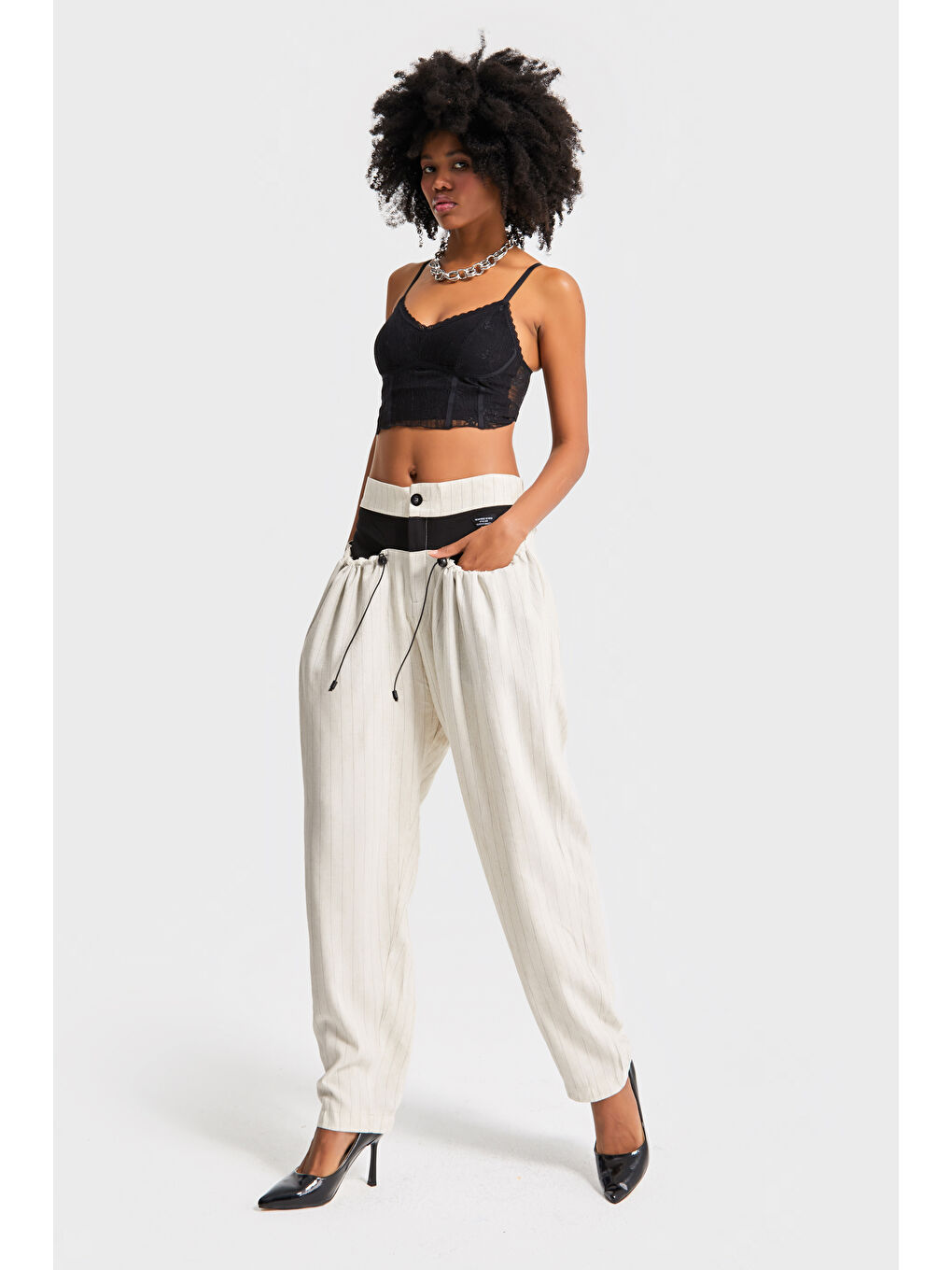 Kadın Bej Çizgili Renk Bol Kesim Özel Tasarım Binici Pantolon-4