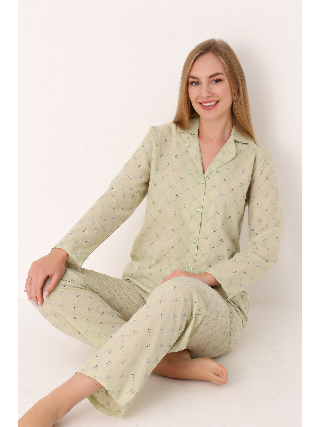 Yeşil Dahlia Önden Düğmeli Pijama Takım