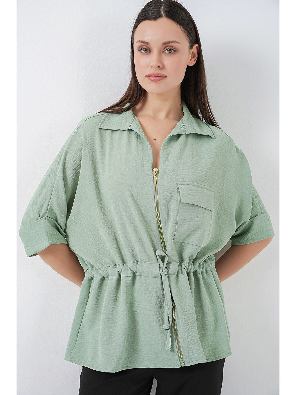 Yeşil Fermuarlı Kadın Gömlek 0721 - Mint