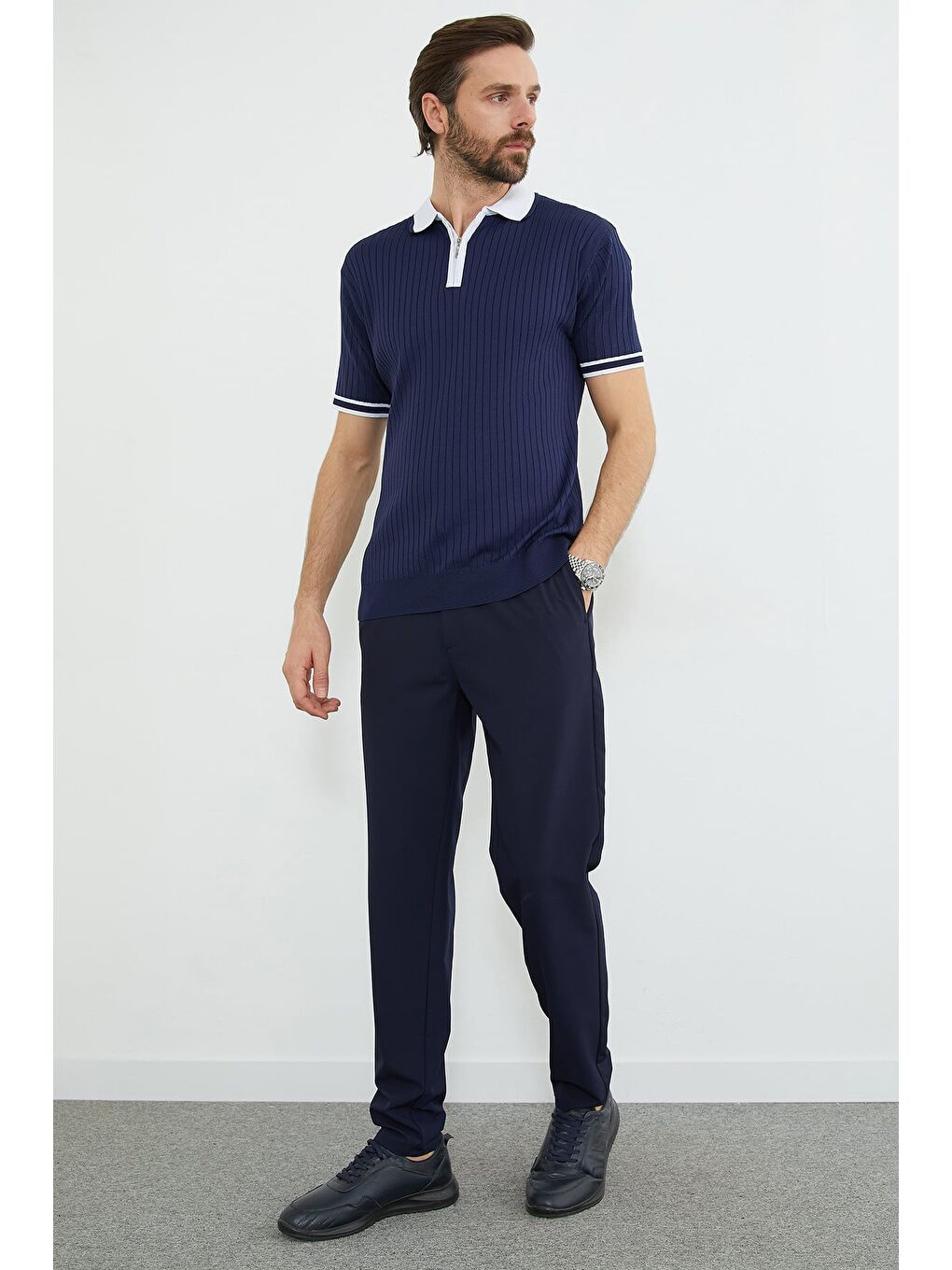 Lacivert Yarım Fermuarlı Fitilli Triko Tişört-2