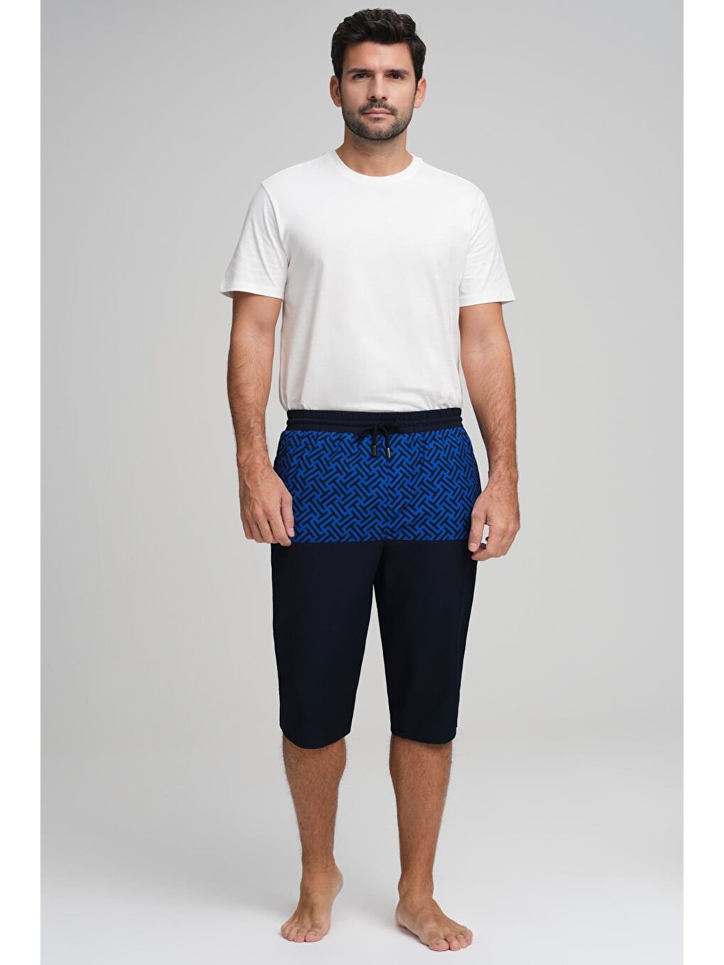 Saks Mavisi Desenli Lacivert Erkek Uzun Havuz Ve Deniz Şortu 2984