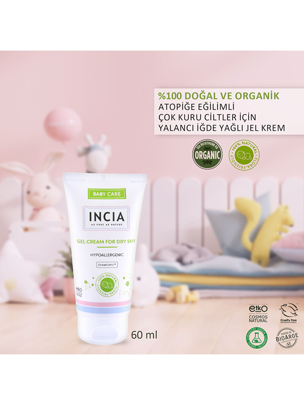 INCIA %100 Doğal Atopiğe Eğilimli Ciltler İçin Jel Krem Çok Kuru Ciltler İçin Yalancı İğde Yağı 60 ml-1