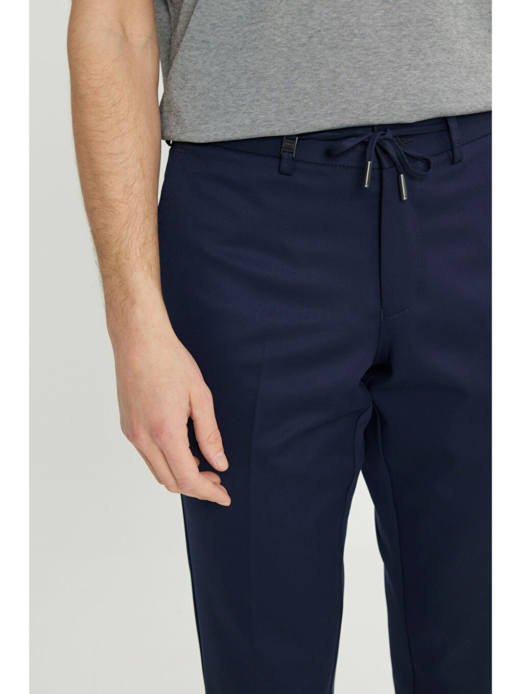 Erkek Lacivert Slim Fit Dar Kesim Beli Bağlamalı Yan Cepli Casual Pantolon-1