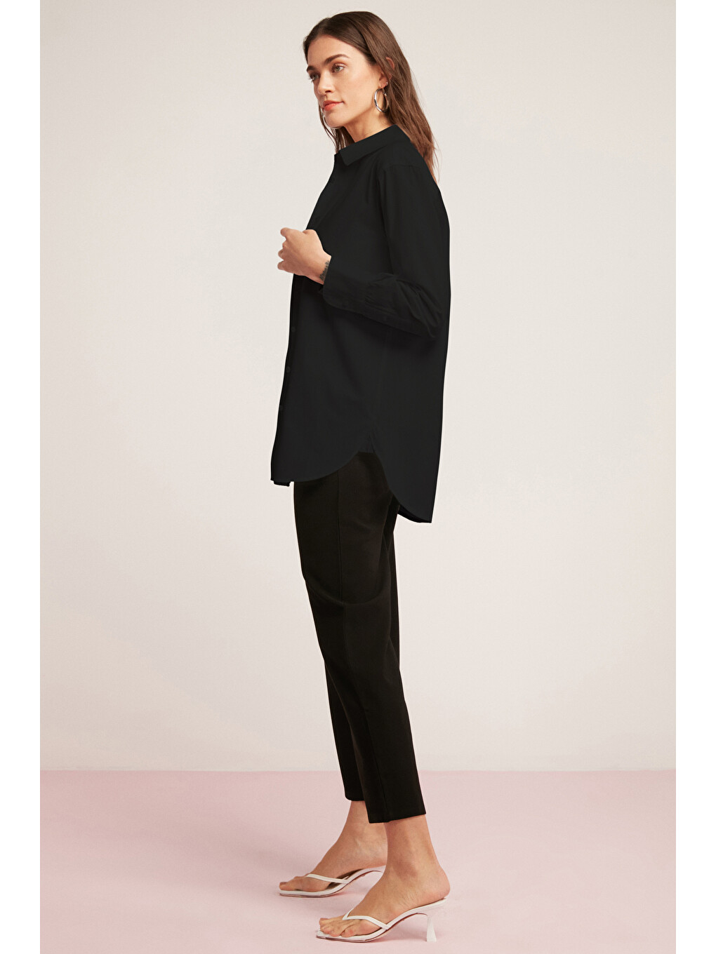 Georgıa Kadın 100% Pamuk Poplin Oversize Fit Siyah Gömlek-4
