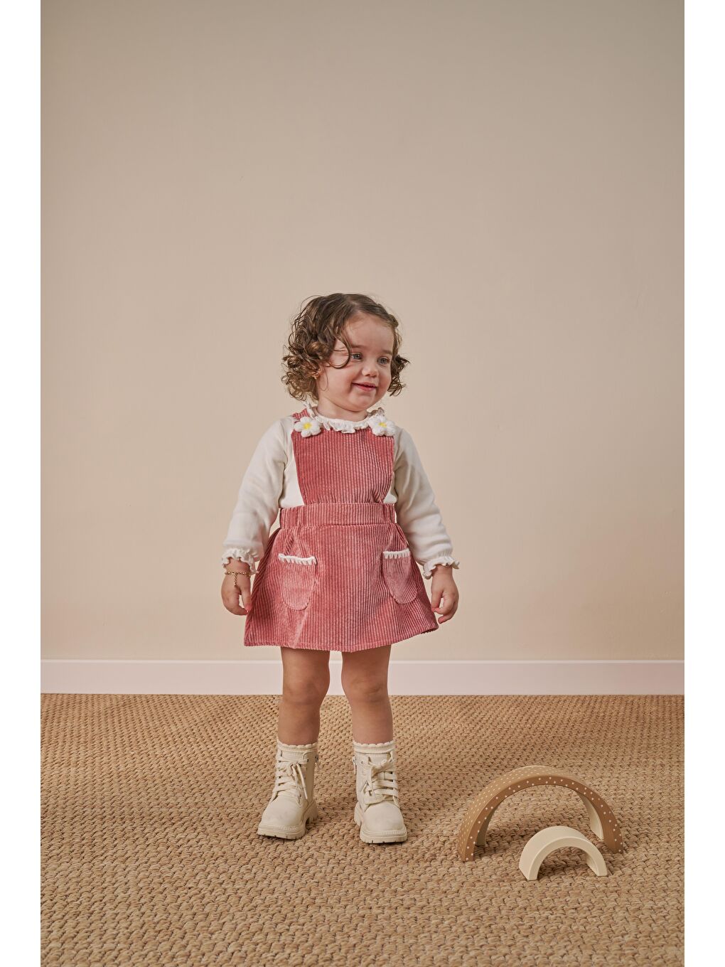 Karışık Kız Bebek Pamuklu Gül Kurusu Çiçek Aplikeli Etekli Takım - Bluz Ve Salopet Elbise