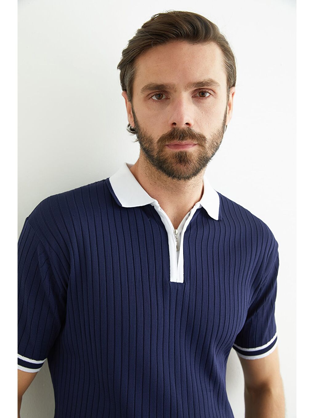 Lacivert Yarım Fermuarlı Fitilli Triko Tişört-4