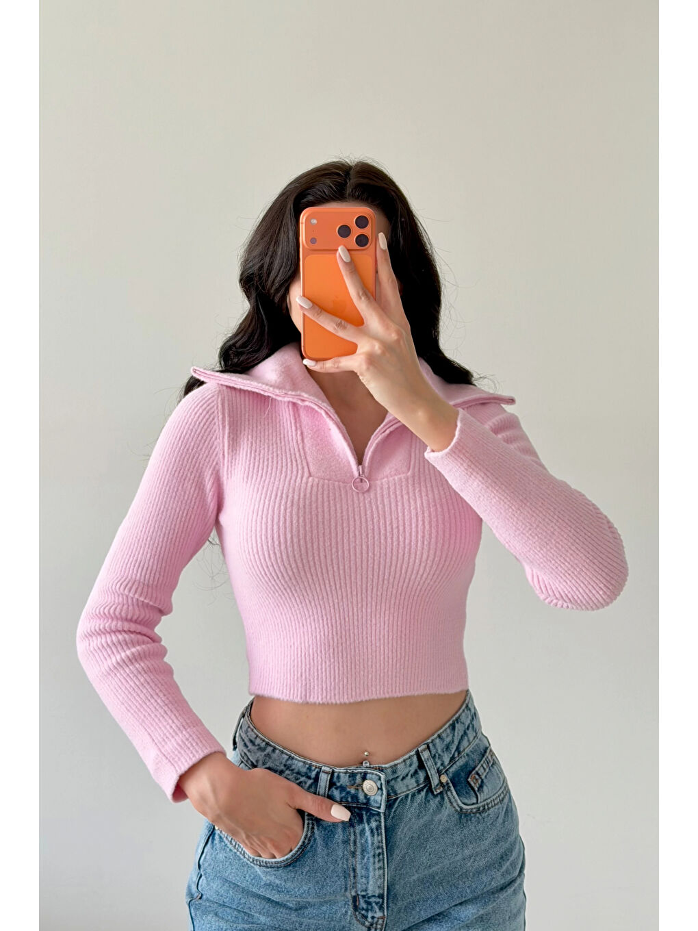 Kadın Pembe Crop Kazak 1014-2022