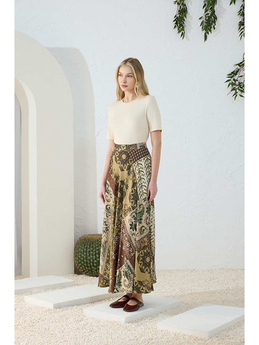 Haki Desenli Kloş Etek-3