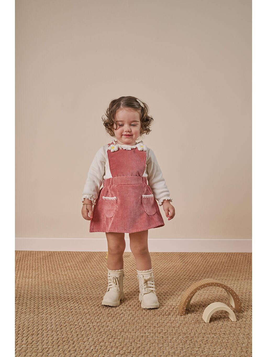 Karışık Kız Bebek Pamuklu Gül Kurusu Çiçek Aplikeli Etekli Takım - Bluz Ve Salopet Elbise-1