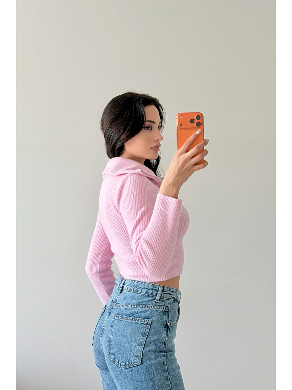 Kadın Pembe Crop Kazak 1014-2022-1