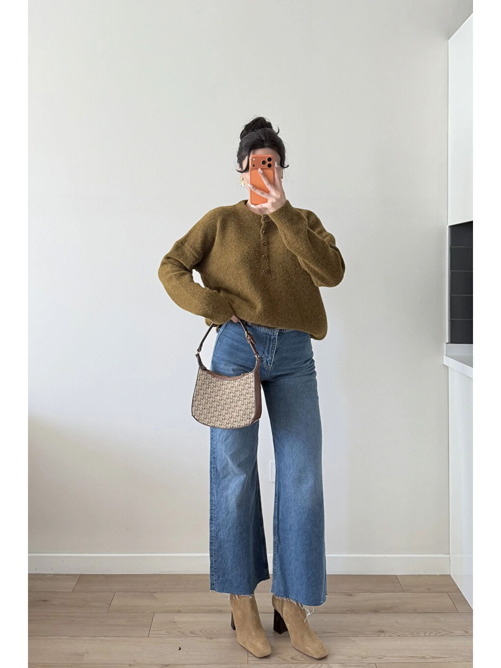 Kadın Haki Düğmeli Açık Yaka Kazak 1014-2464-2