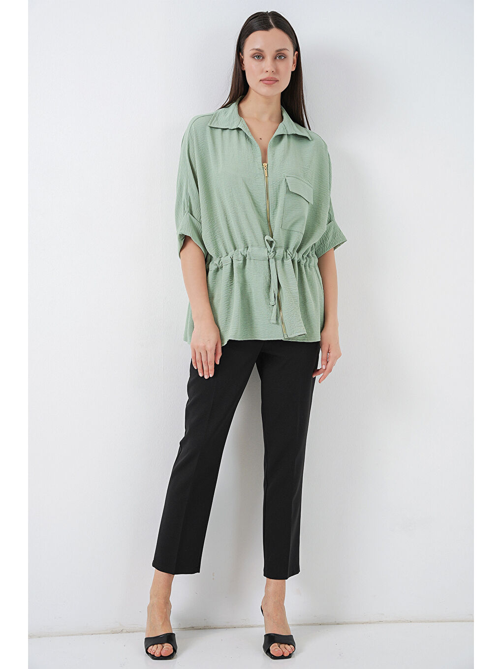 Yeşil Fermuarlı Kadın Gömlek 0721 - Mint-1