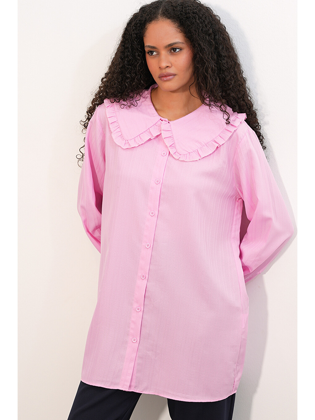 Kadın Geniş Yaka Fırfır Detaylı Çizgili Tunik Gömlek 5993 - Pembe-2