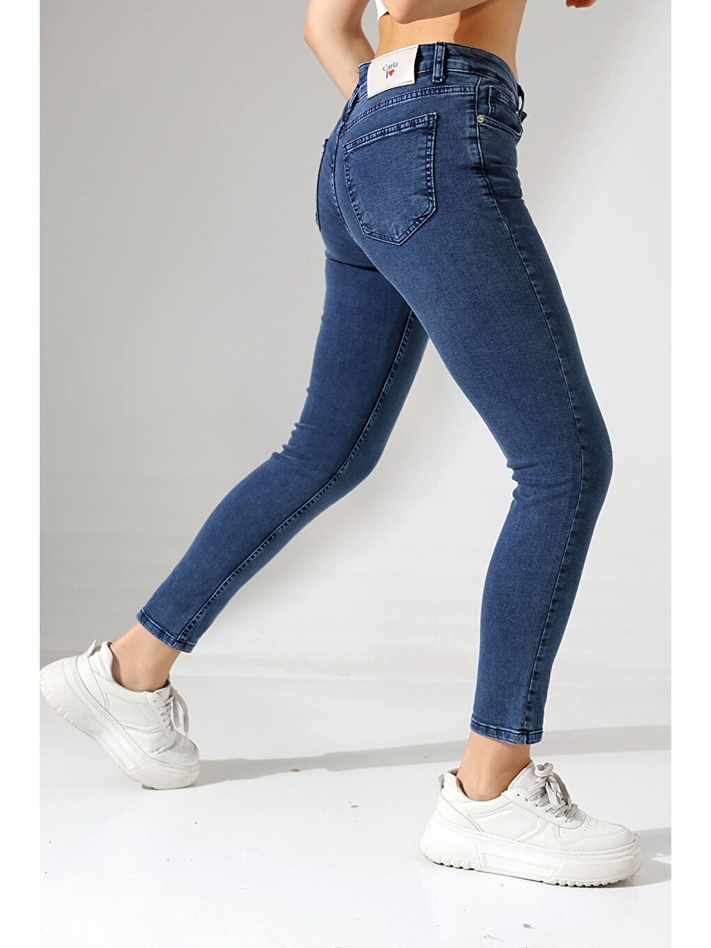 Lacivert Toparlayıcı Yüksek Bel Dar Paça Jean-2