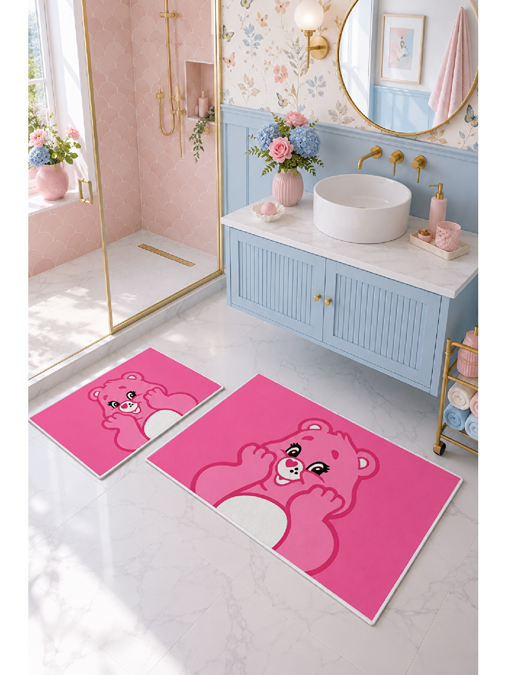 Açık Pembe Sevimli Ayı Desenli Kaymaz Taban Banyo Paspası 2’li Set-6