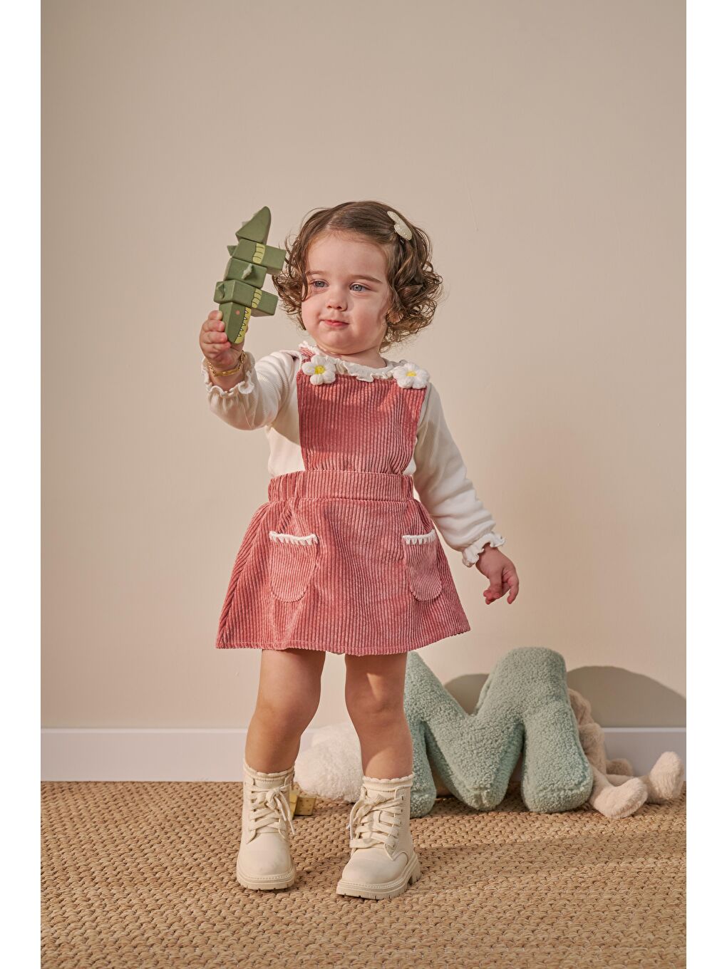 Karışık Kız Bebek Pamuklu Gül Kurusu Çiçek Aplikeli Etekli Takım - Bluz Ve Salopet Elbise-3