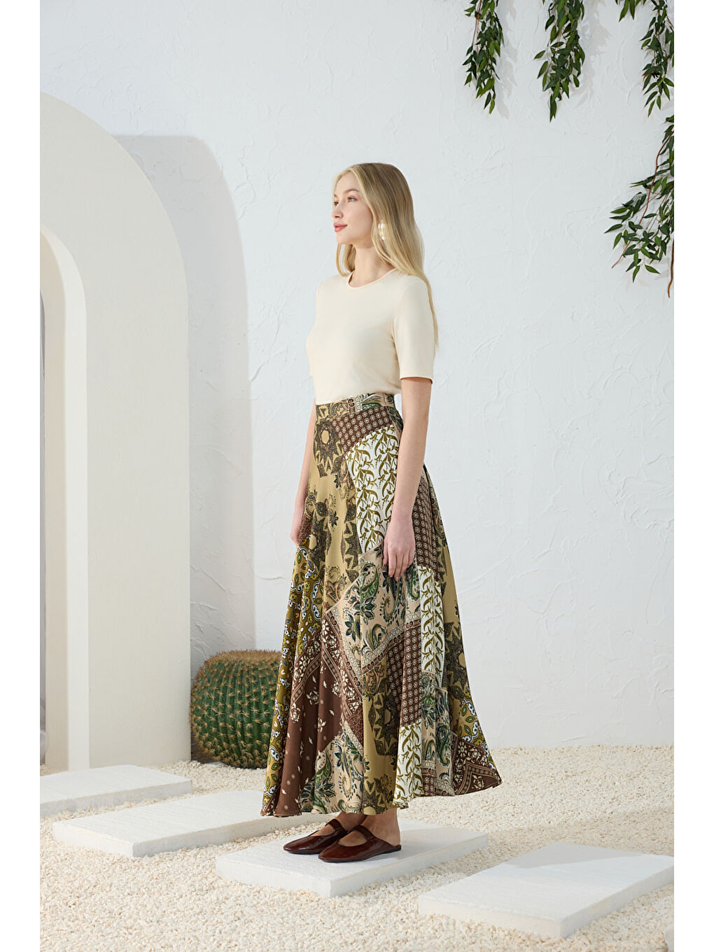 Haki Desenli Kloş Etek-4