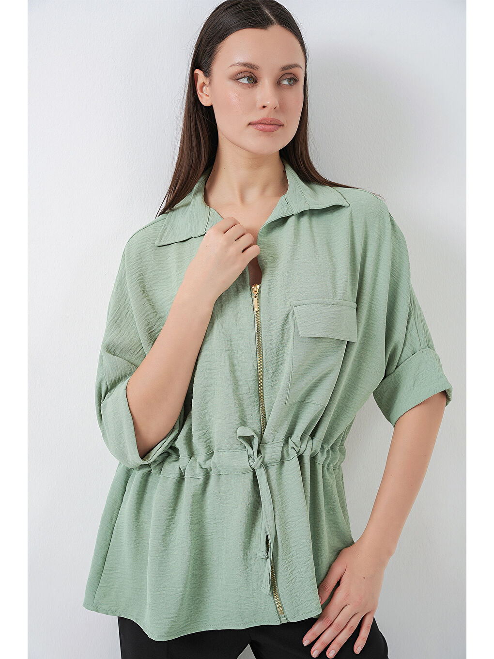 Yeşil Fermuarlı Kadın Gömlek 0721 - Mint-2
